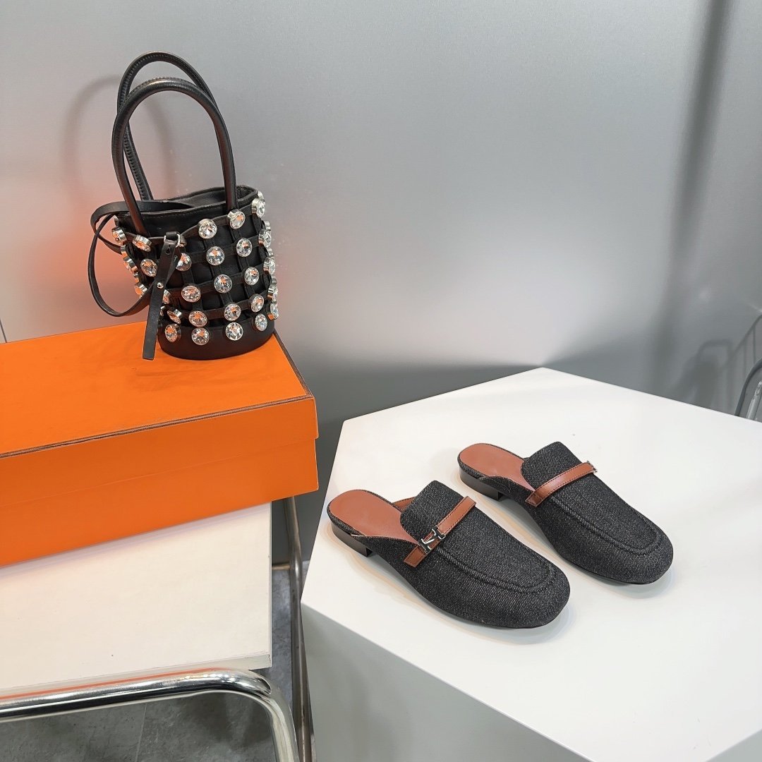 HERMES Lena Mule Black Denim