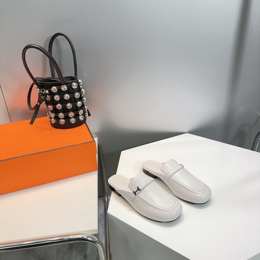 HERMES Lena Mule White Leather