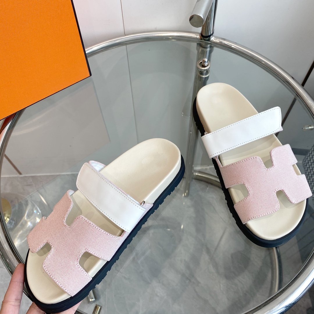 HERMES Chypre Canvas Sandal White Pink Leather