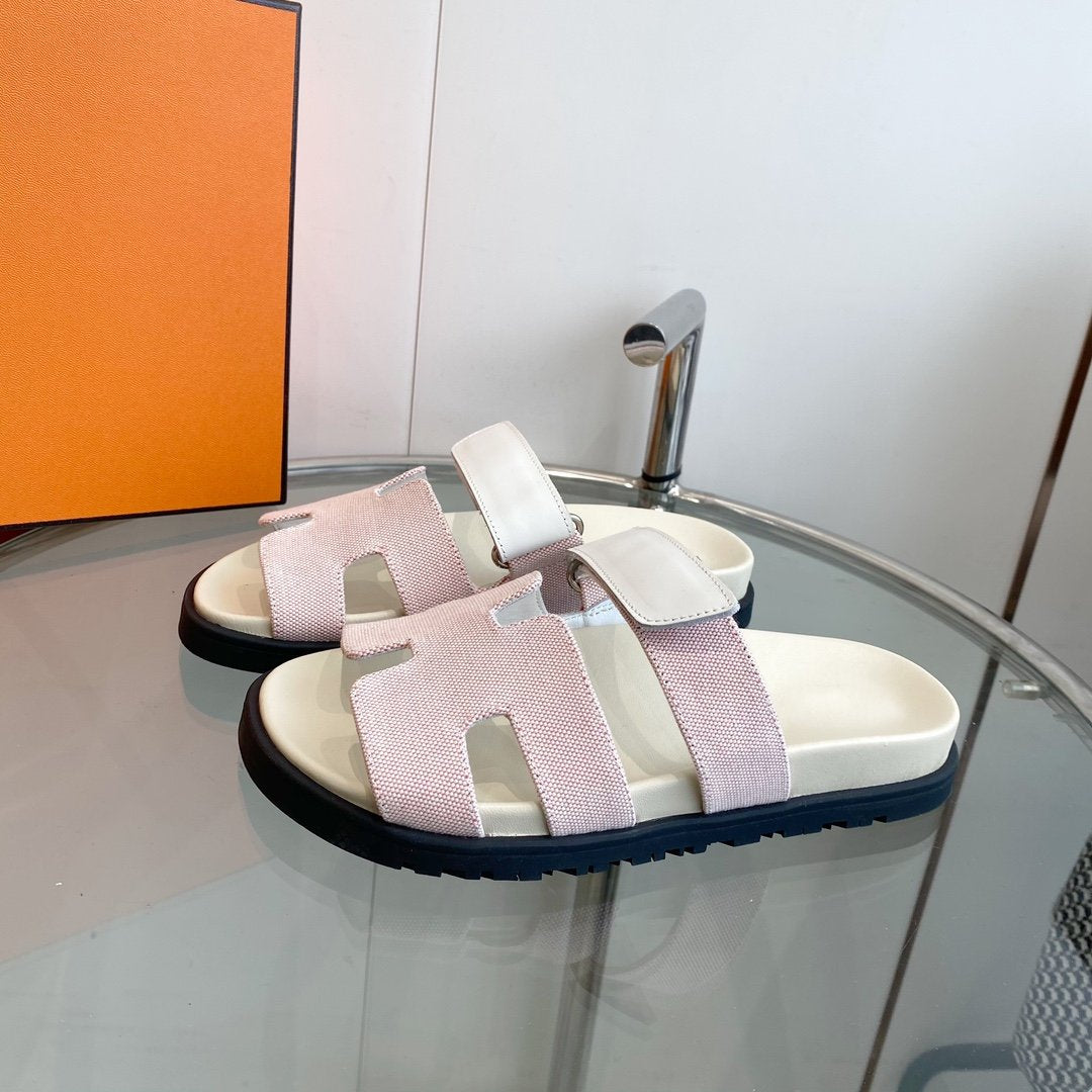 HERMES Chypre Canvas Sandal White Pink Leather