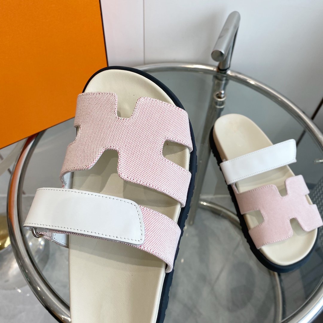 HERMES Chypre Canvas Sandal White Pink Leather