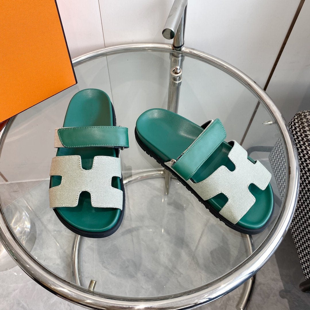 HERMES Chypre Canvas Sandal Tiff Leather