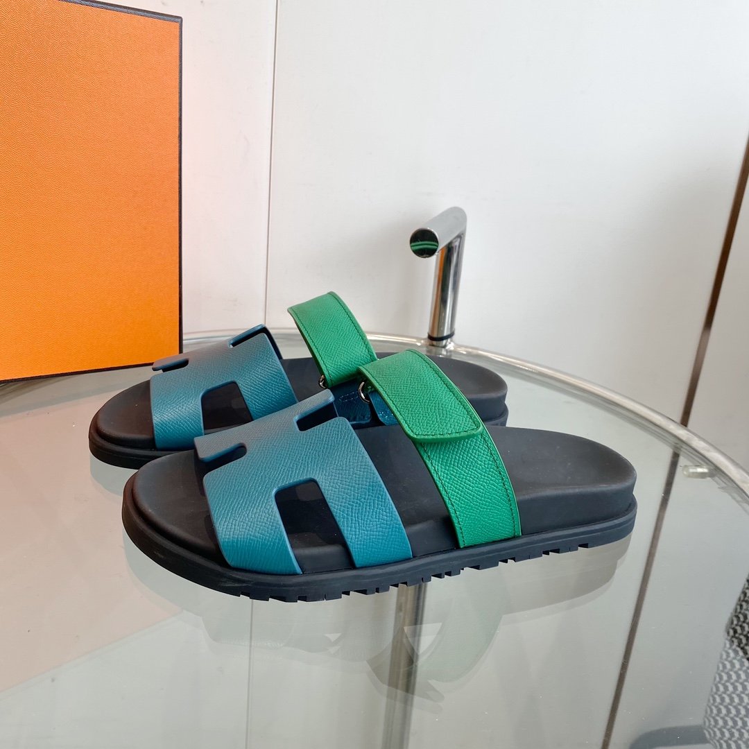HERMES Chypre Sandal Tiffa with blue straps Leather