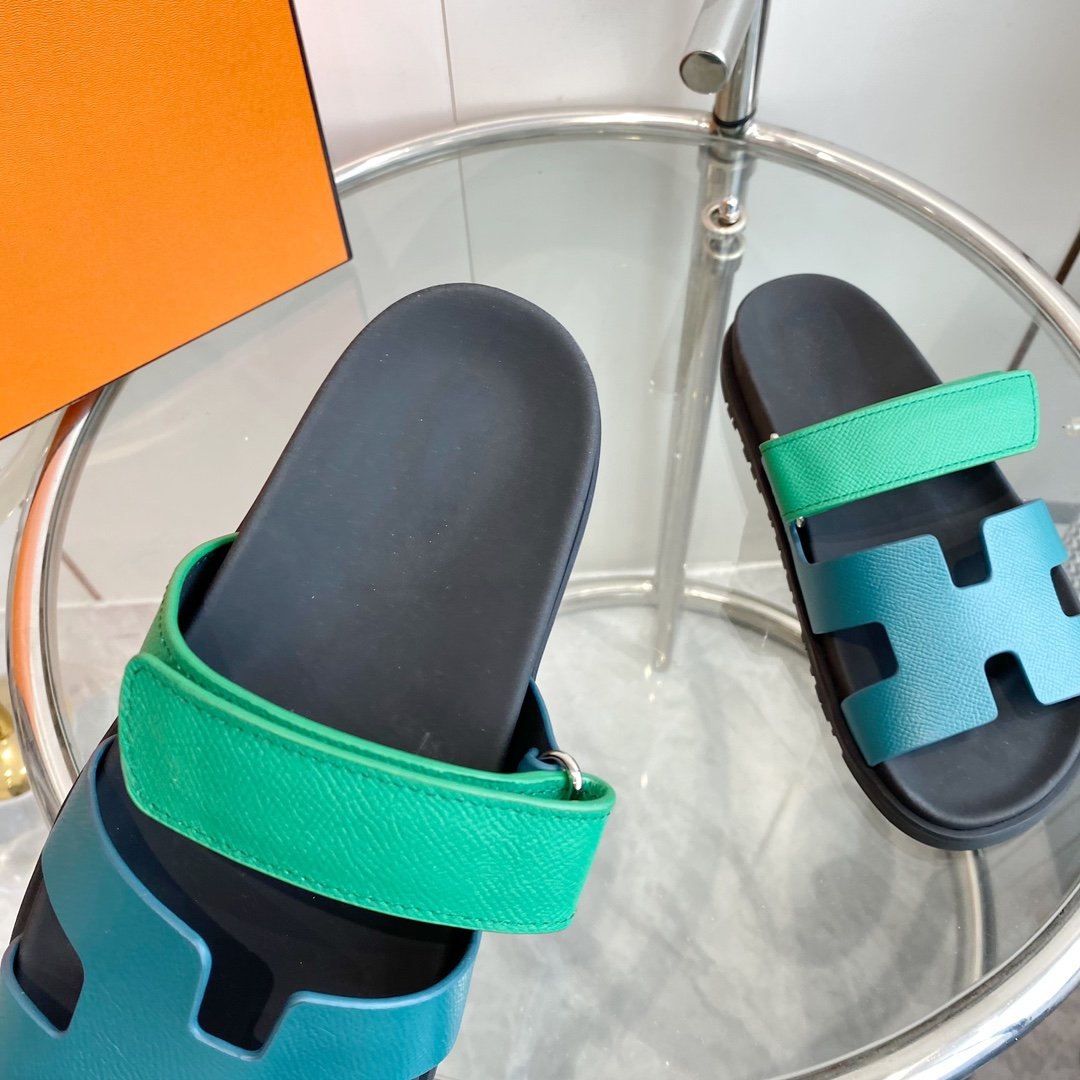 HERMES Chypre Sandal Tiffa with blue straps Leather