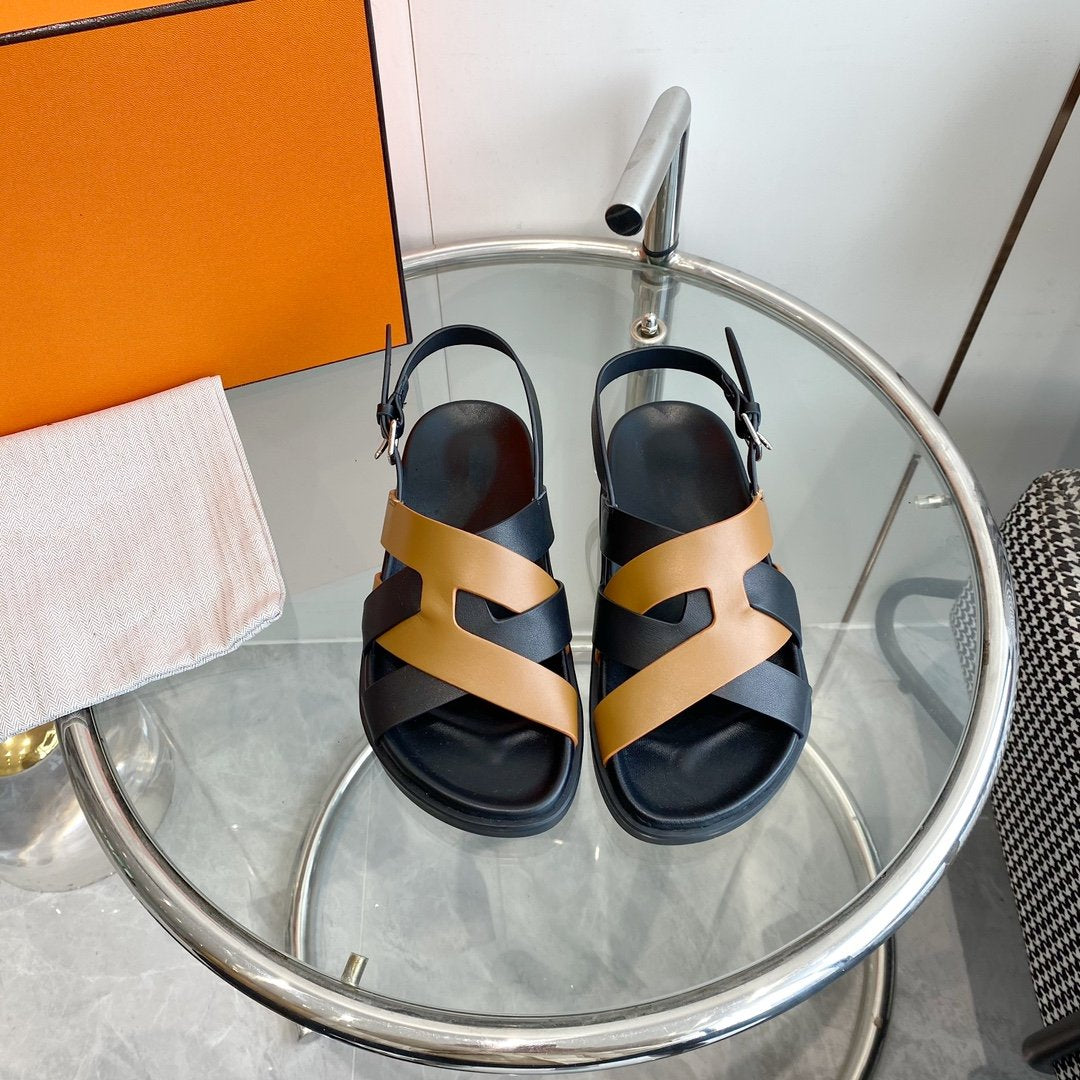 HERMES Genius Sandal Slingback Black/Brown Calfskin Leather