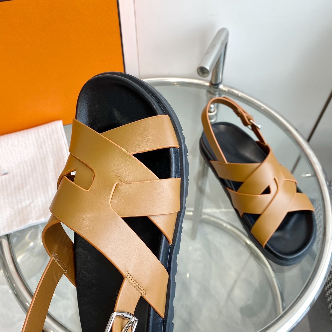 HERMES Genius Sandal Slingback Light Brown Calfskin Leather