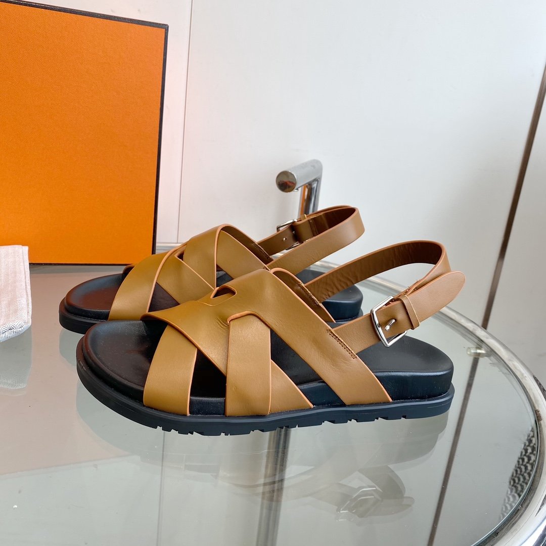 HERMES Genius Sandal Slingback Light Brown Calfskin Leather
