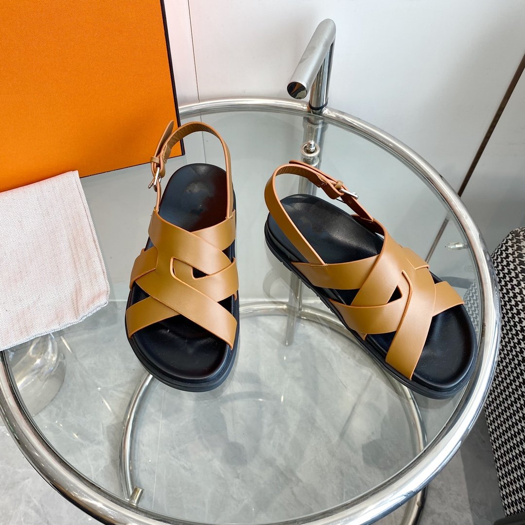 HERMES Genius Sandal Slingback Light Brown Calfskin Leather