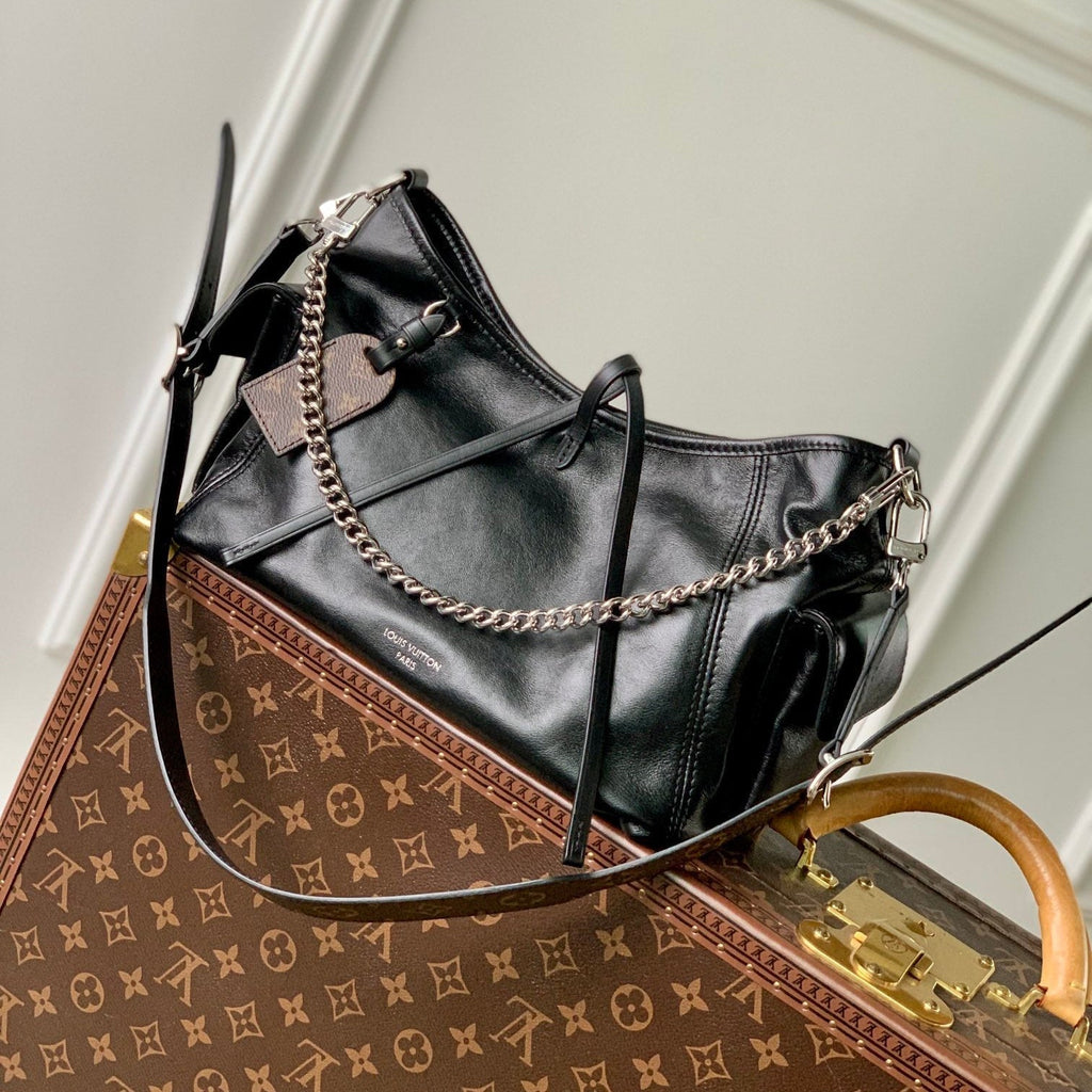 LOUIS VUITTON CARRYALL CARGO VIBE PM 33.5 IN BLACK LAMBSKIN BROWN MONOGRAM TAG