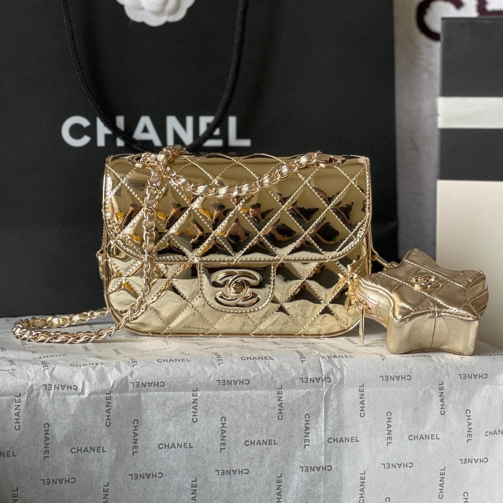 CHANEL MINI 19 FLAP BAG IN GOLDEN METALLIC CALFSKIN