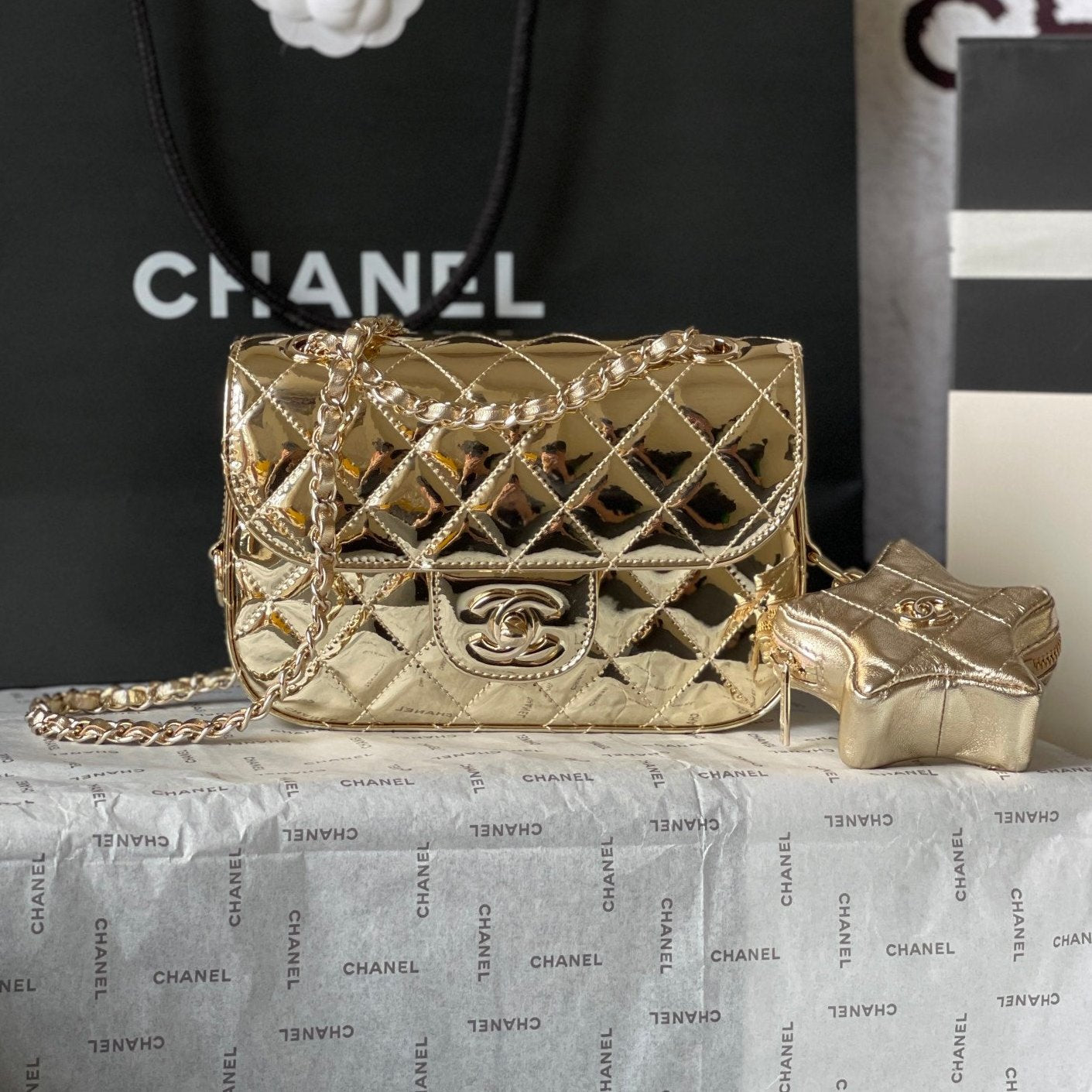 CHANEL MINI 19 FLAP BAG IN GOLDEN METALLIC CALFSKIN