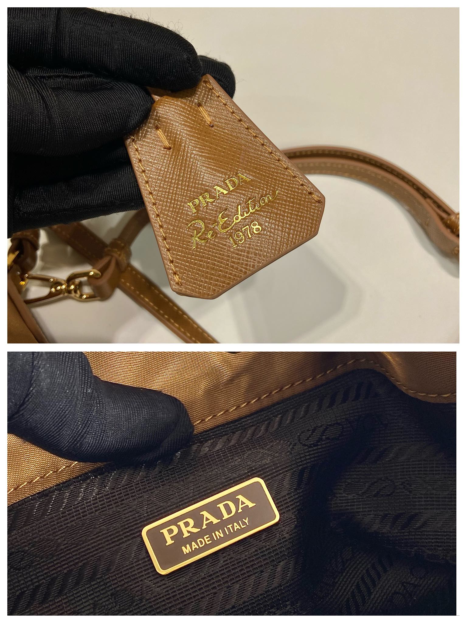 PRADA BUCKET BAG 19 IN RUSSET BROWN RE-NYLON AND CALFSKIN HANDLE