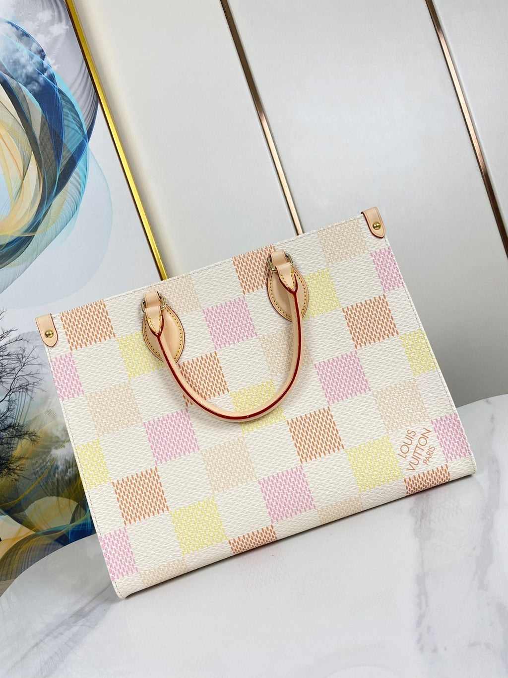 LOUIS VUITTON ONTHEGO 35 IN PEACH DAMIER GIANT CANVAS