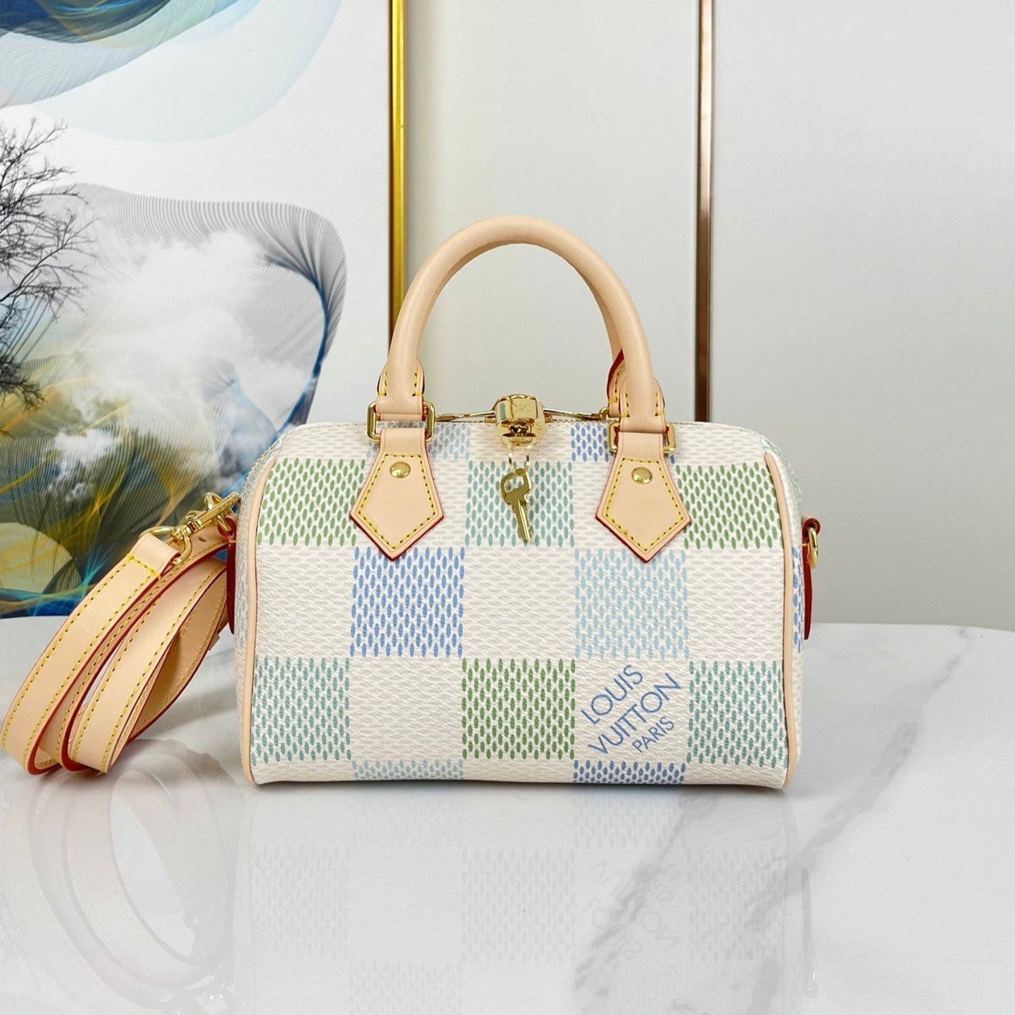 LOUIS VUITTON SPEEDY BANDOULIÈRE 20 IN PISTACHIO DAMIER GIANT CANVAS GOLD HARDWARE