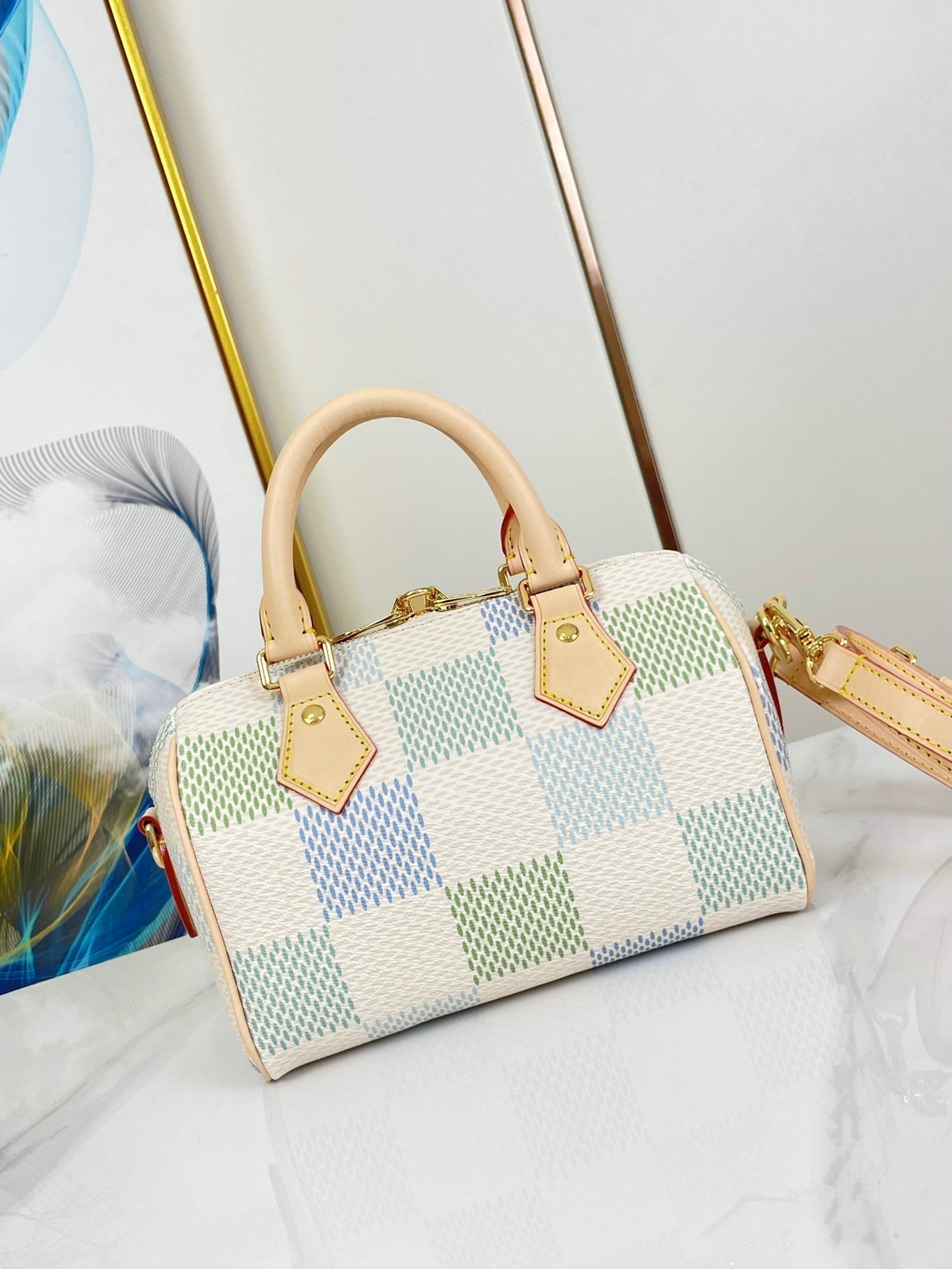 LOUIS VUITTON SPEEDY BANDOULIÈRE 20 IN PISTACHIO DAMIER GIANT CANVAS GOLD HARDWARE