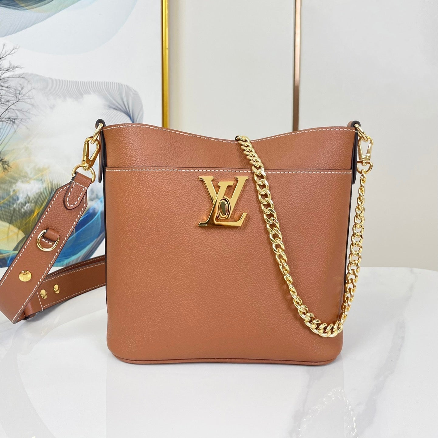 LOUIS VUITTON LOCK AND WALK 20 IN COGNAC GRAINED CALFSKIN GOLD HARDWARE