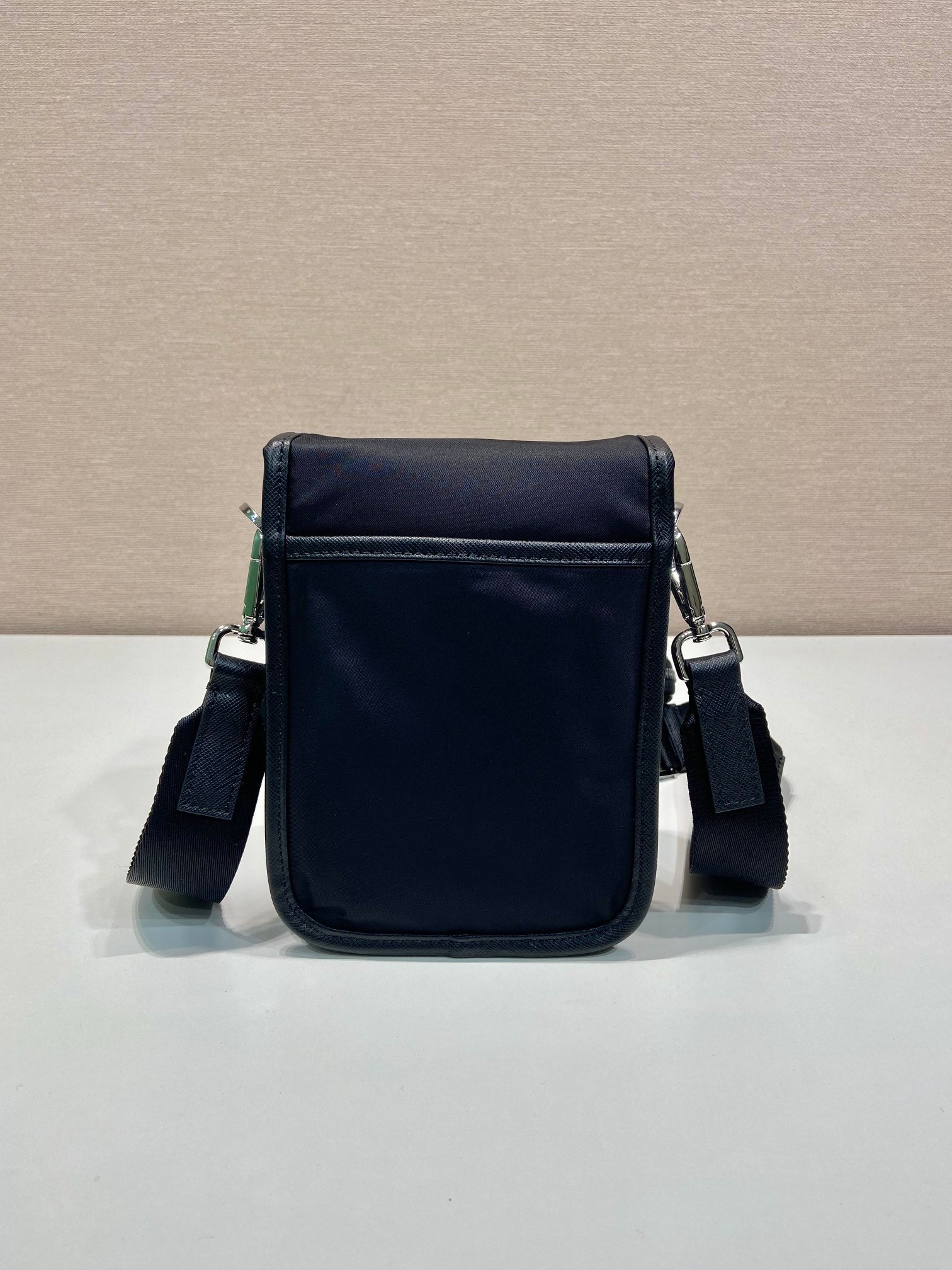 PRADA PHONE BAG 19 IN BLACK RE-NYLON AND SAFFIANO LEATHER TRIM