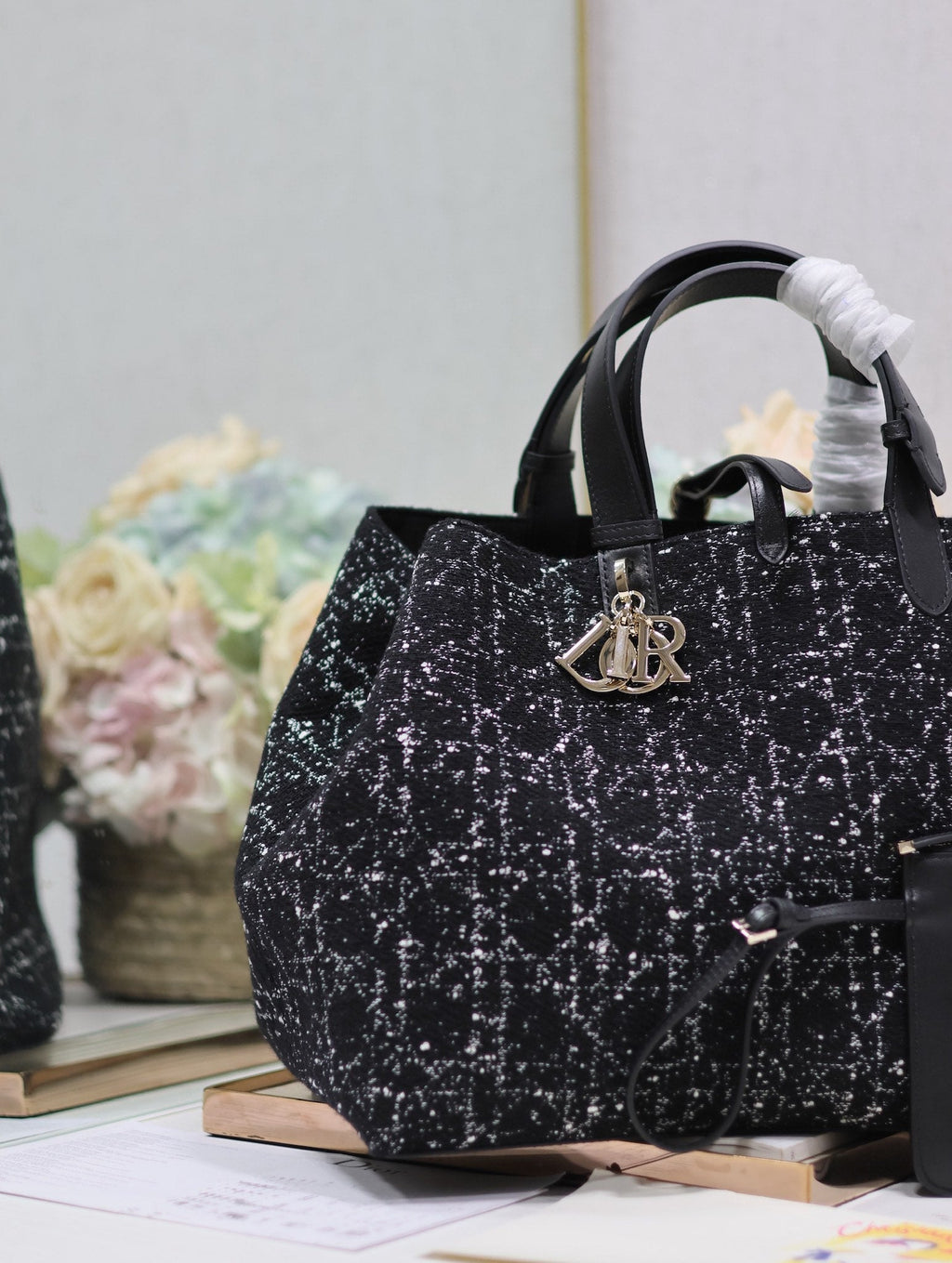 DIOR TOUJOURS BAG 37 IN BLACK MIX WHITE CANNAGE TWEED WITH GOLD HARDWARE