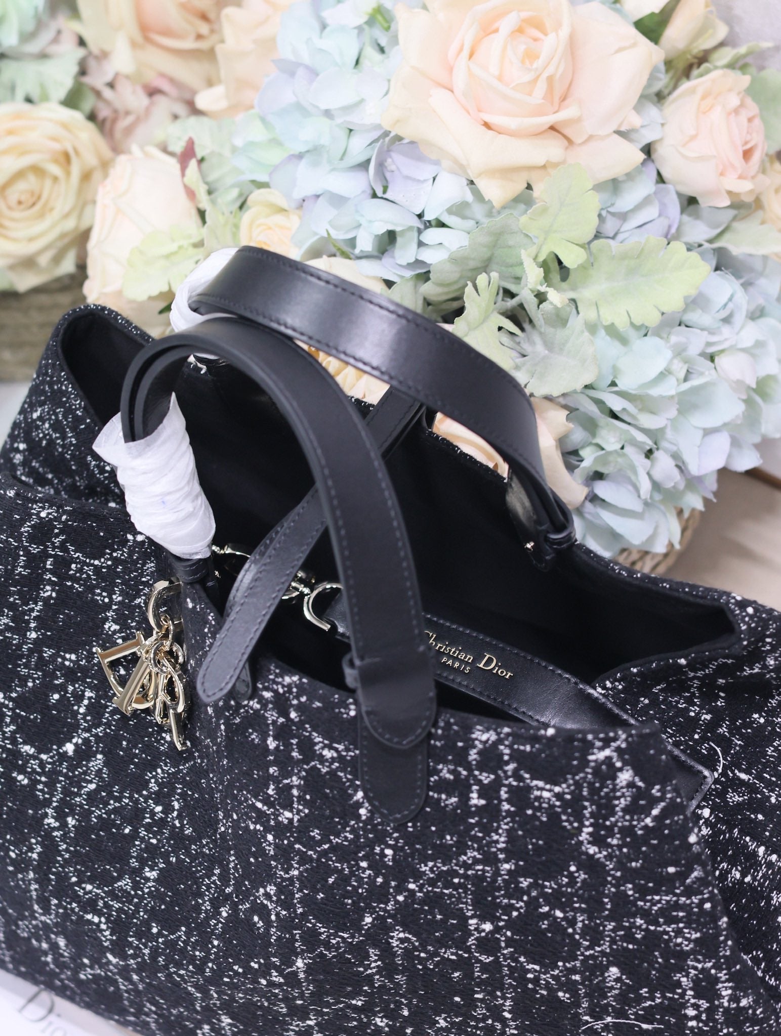 DIOR TOUJOURS BAG 37 IN BLACK MIX WHITE CANNAGE TWEED WITH GOLD HARDWARE