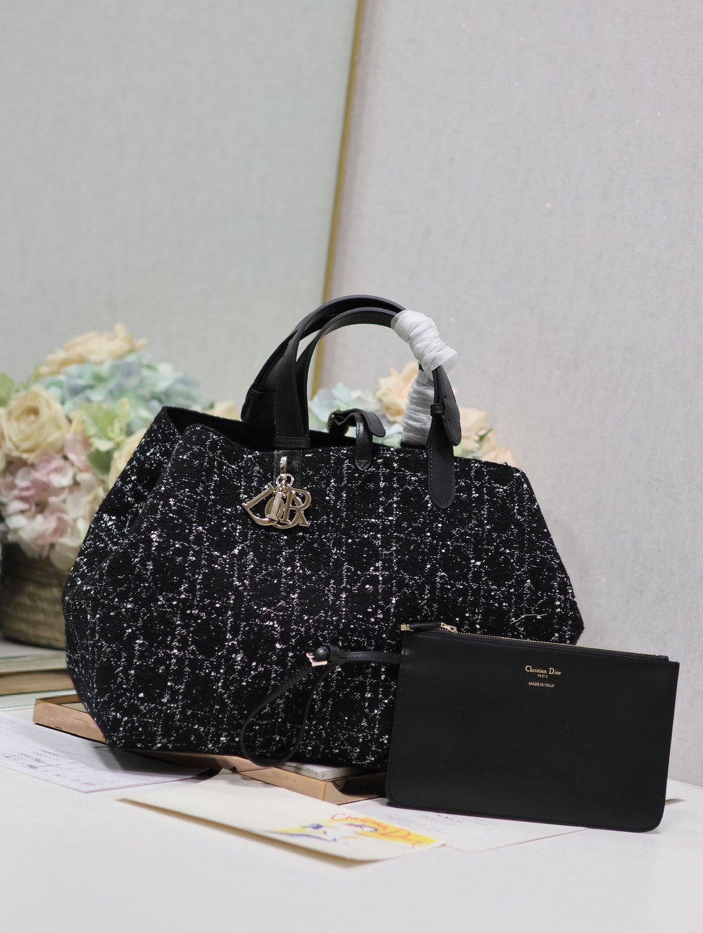 DIOR TOUJOURS BAG 37 IN BLACK MIX WHITE CANNAGE TWEED WITH GOLD HARDWARE