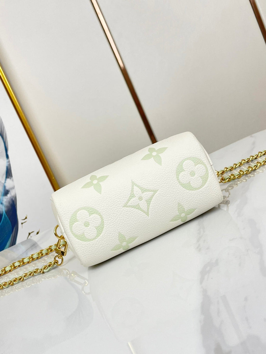LOUIS VUITTON NANO SPEEDY 16 IN WHITE LATTE MONOGRAM EMPREINTE LEATHER GOLD HARDWARE