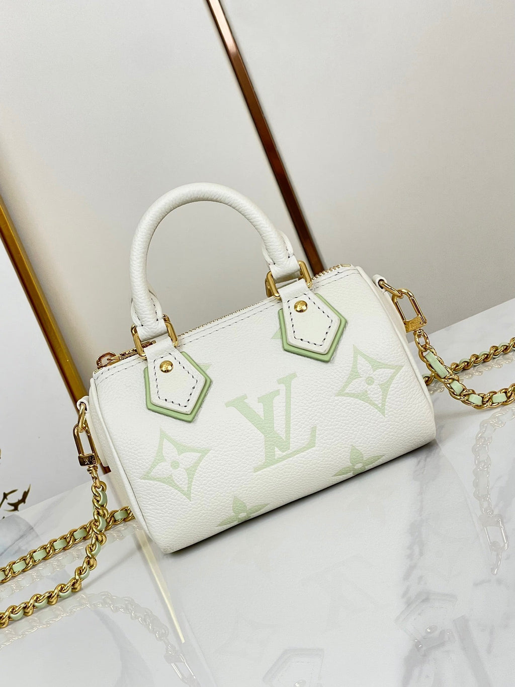 LOUIS VUITTON NANO SPEEDY 16 IN WHITE LATTE MONOGRAM EMPREINTE LEATHER GOLD HARDWARE