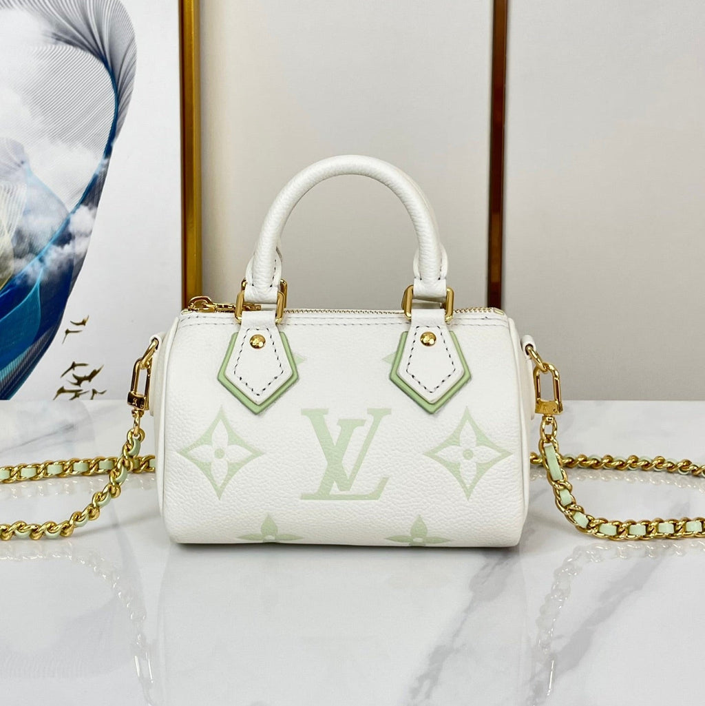 LOUIS VUITTON NANO SPEEDY 16 IN WHITE LATTE MONOGRAM EMPREINTE LEATHER GOLD HARDWARE