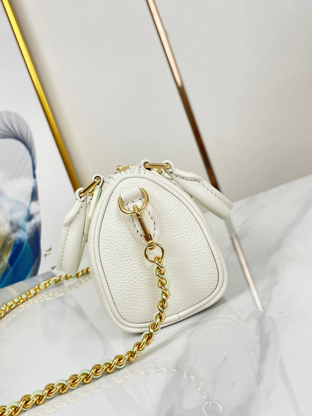 LOUIS VUITTON NANO SPEEDY 16 IN WHITE LATTE MONOGRAM EMPREINTE LEATHER GOLD HARDWARE