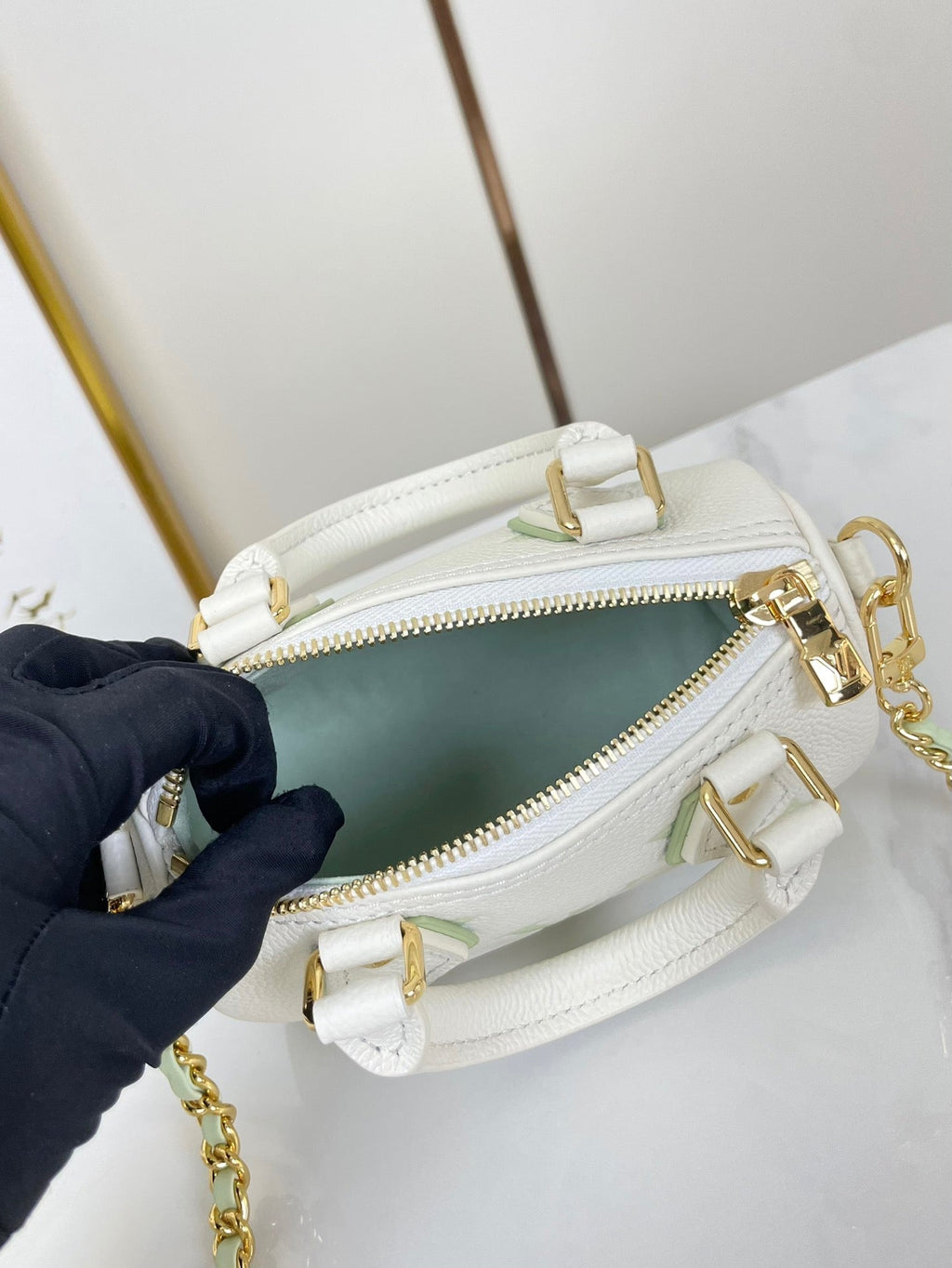 LOUIS VUITTON NANO SPEEDY 16 IN WHITE LATTE MONOGRAM EMPREINTE LEATHER GOLD HARDWARE