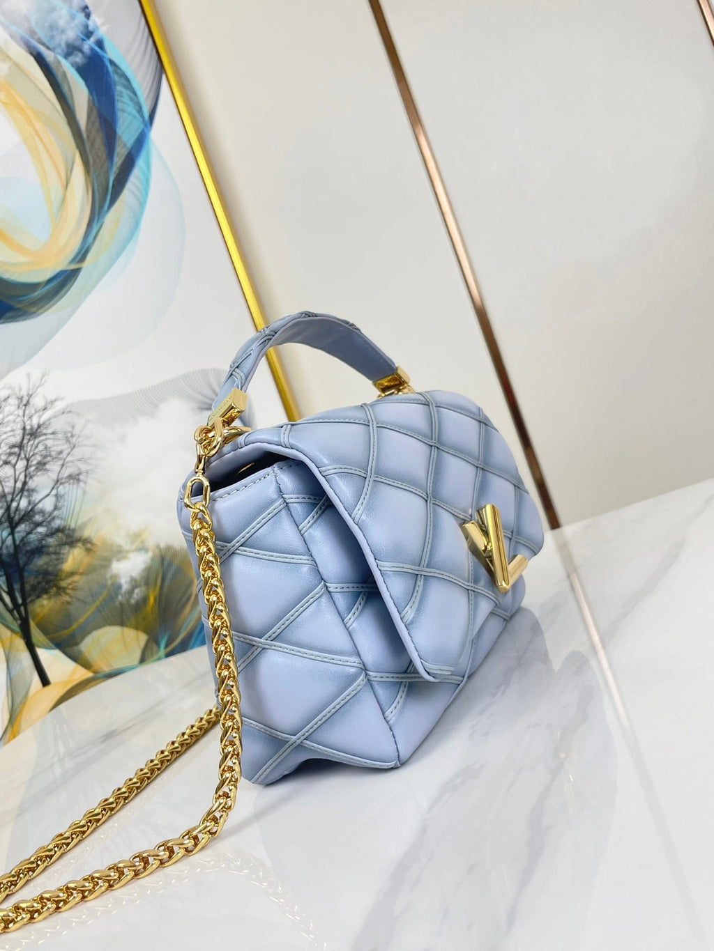LOUIS VUITTON GO-14 MM 23 IN LIGHT BLUE GRAY QUILTED LAMBSKIN GOLD HARDWARE