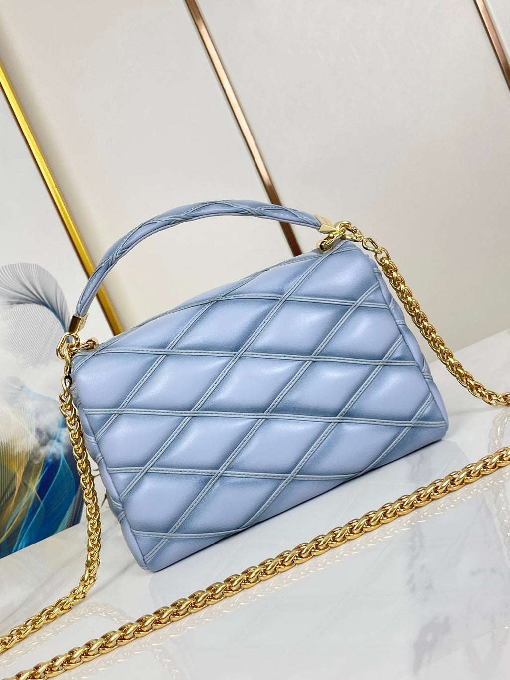 LOUIS VUITTON GO-14 MM 23 IN LIGHT BLUE GRAY QUILTED LAMBSKIN GOLD HARDWARE