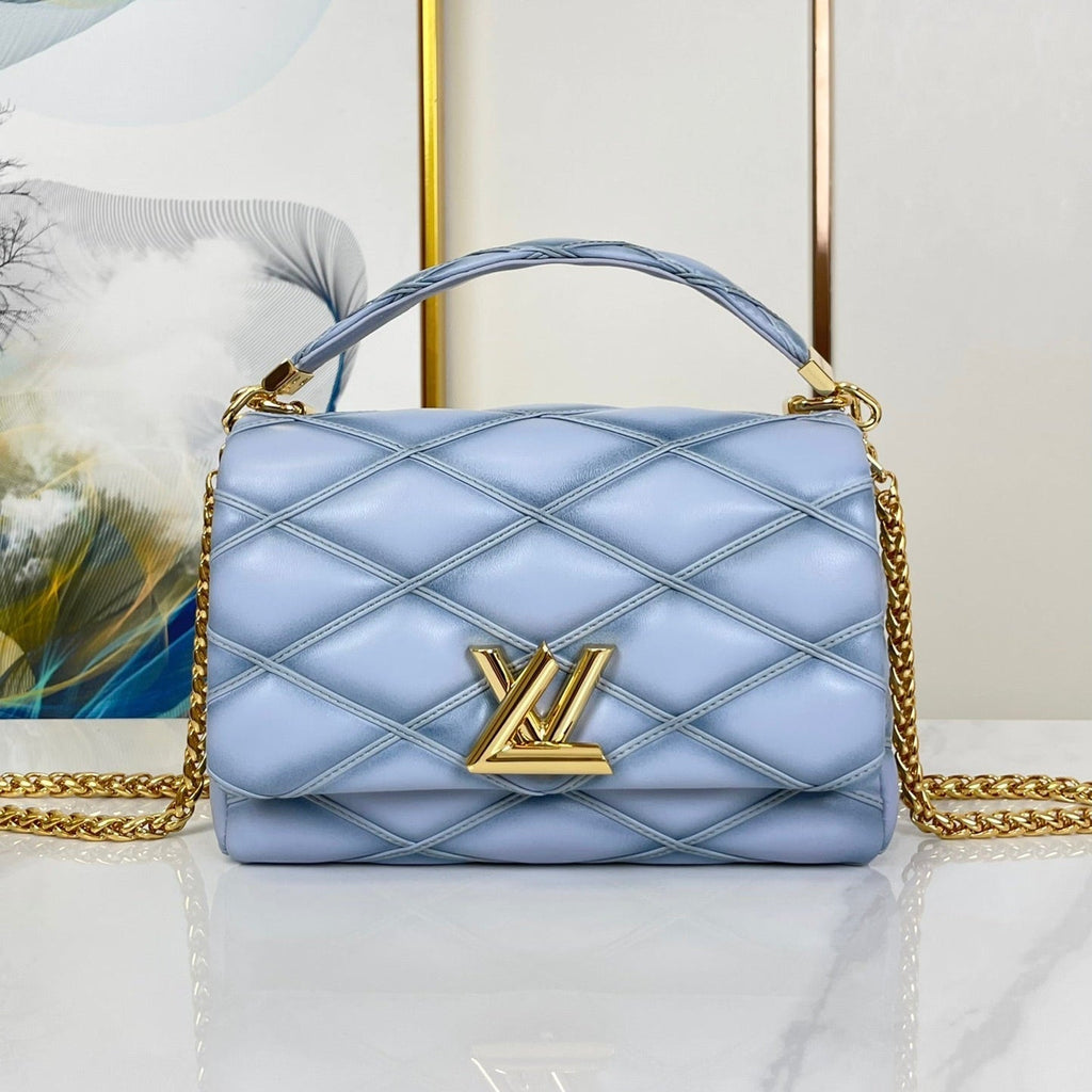 LOUIS VUITTON GO-14 MM 23 IN LIGHT BLUE GRAY QUILTED LAMBSKIN GOLD HARDWARE