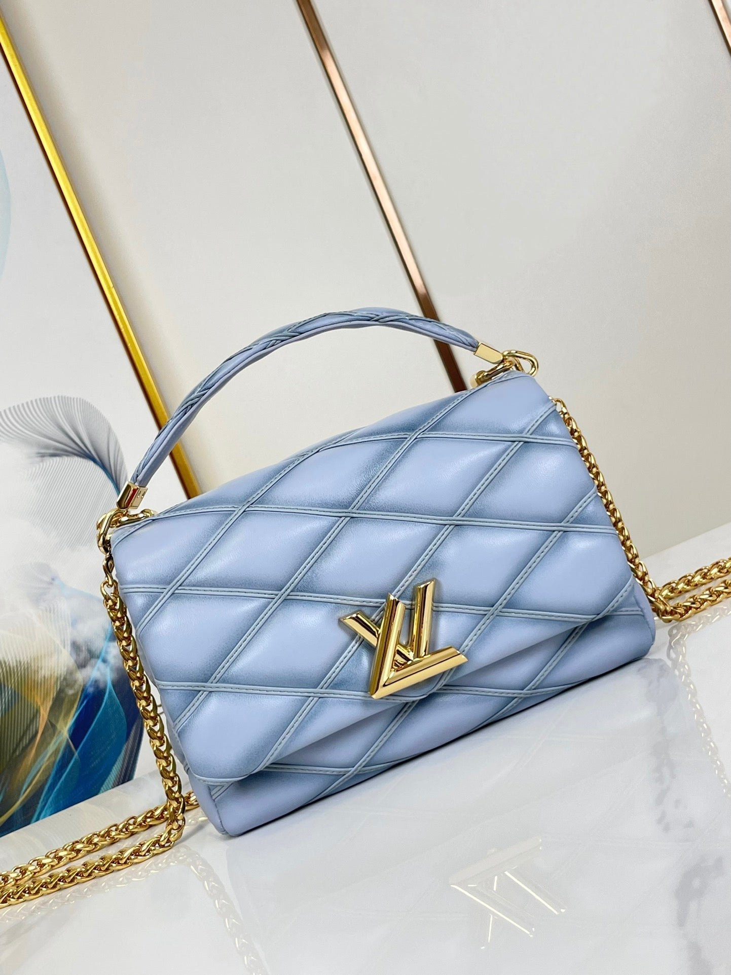 LOUIS VUITTON GO-14 MM 23 IN LIGHT BLUE GRAY QUILTED LAMBSKIN GOLD HARDWARE
