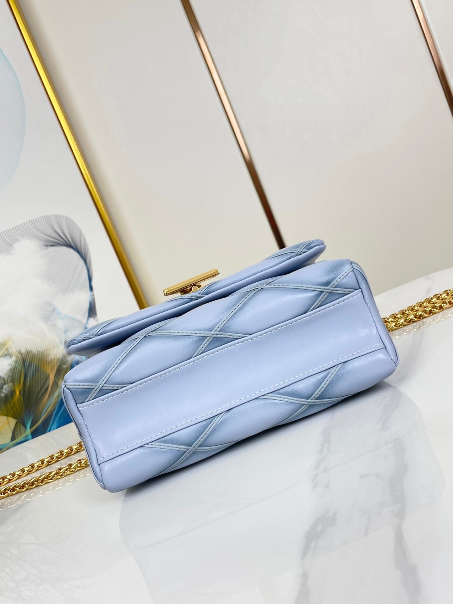 LOUIS VUITTON GO-14 MM 23 IN LIGHT BLUE GRAY QUILTED LAMBSKIN GOLD HARDWARE
