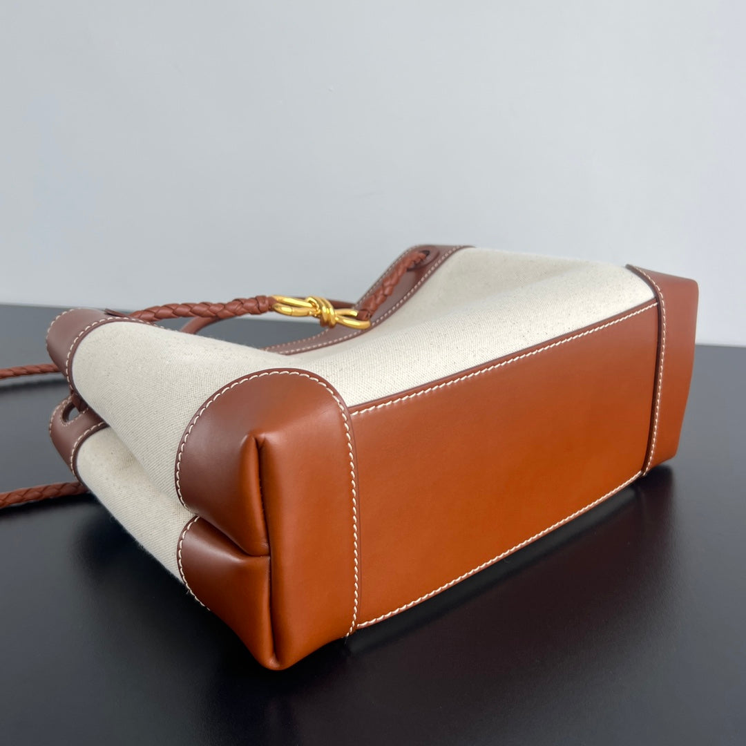 BOTTEGA VENETA SMALL ANDIAMO 25 IN WHITE BROWN CALFSKIN AND CANVAS