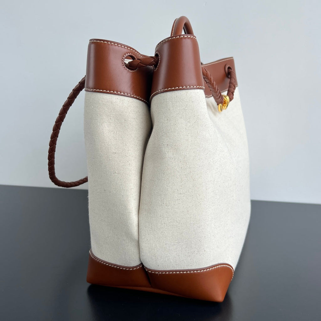 BOTTEGA VENETA LARGE ANDIAMO 42 IN WHITE BROWN CALFSKIN AND CANVAS