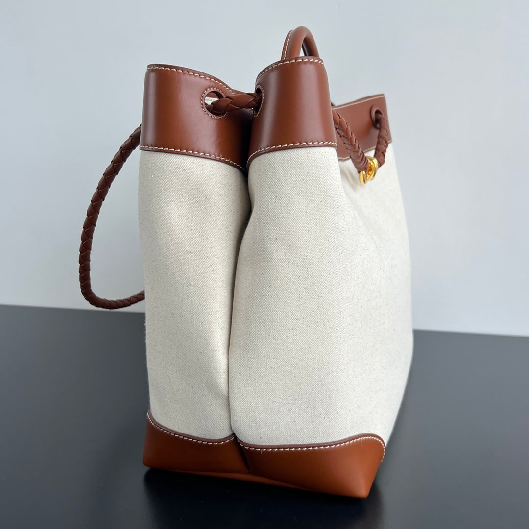 BOTTEGA VENETA LARGE ANDIAMO 42 IN WHITE BROWN CALFSKIN AND CANVAS