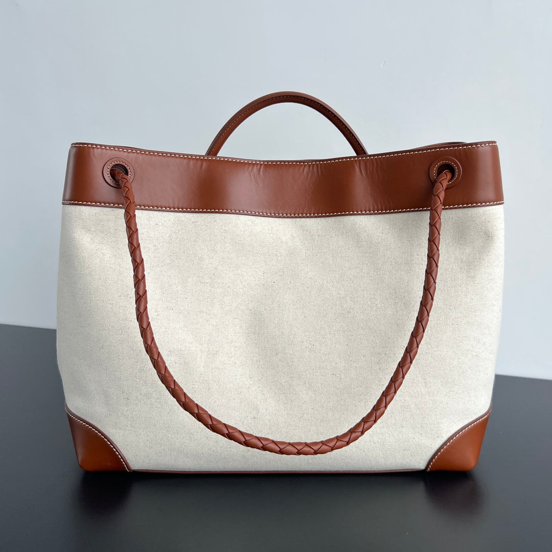 BOTTEGA VENETA LARGE ANDIAMO 42 IN WHITE BROWN CALFSKIN AND CANVAS