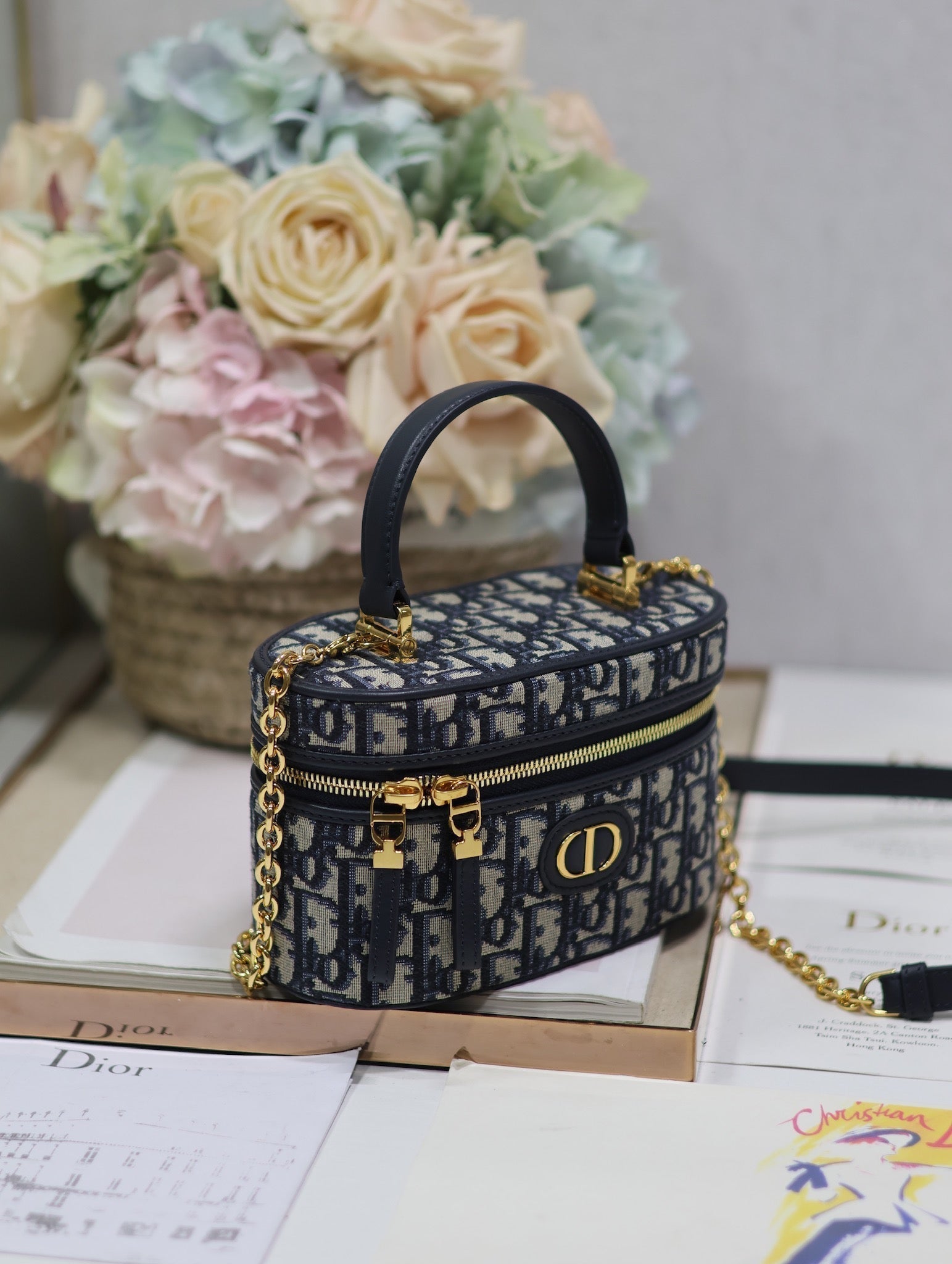 DIOR CARO 16 MINI VANITY CASE IN BLUE MONOGRAM OBLIQUE JACQUARD FABRIC