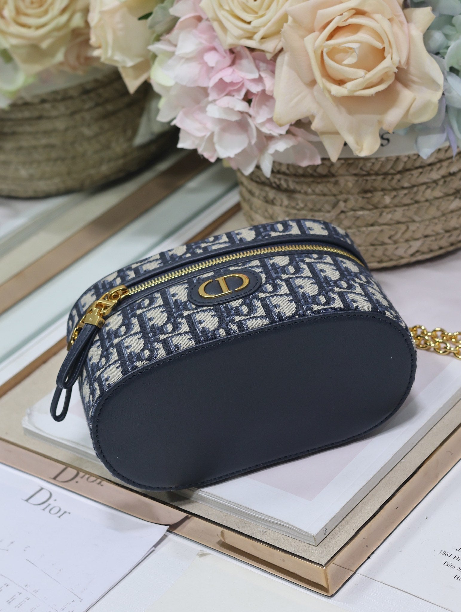 DIOR CARO 16 MINI VANITY CASE IN BLUE MONOGRAM OBLIQUE JACQUARD FABRIC