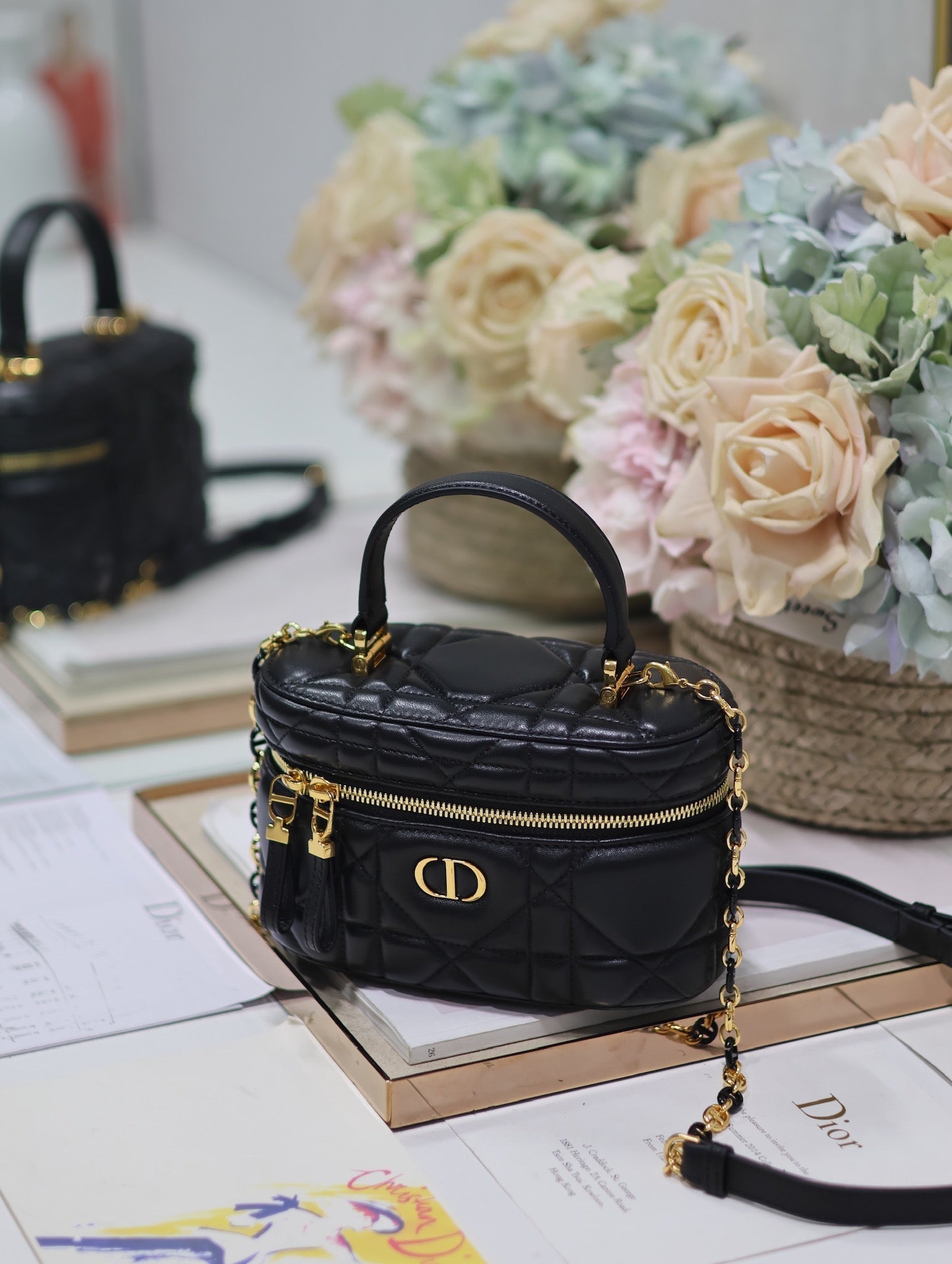 DIOR CARO 16 MINI VANITY CASE IN BLACK MACROCANNAGE LAMBSKIN