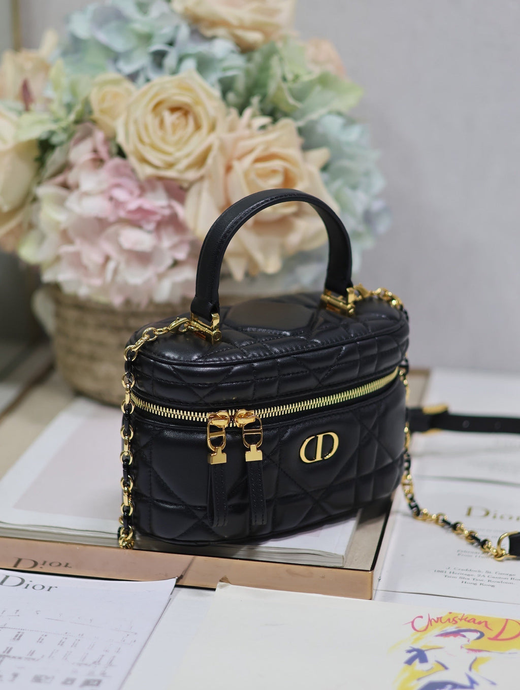DIOR CARO 16 MINI VANITY CASE IN BLACK MACROCANNAGE LAMBSKIN