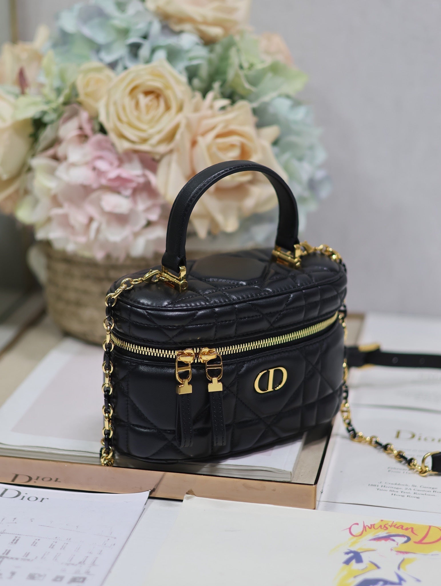 DIOR CARO 16 MINI VANITY CASE IN BLACK MACROCANNAGE LAMBSKIN