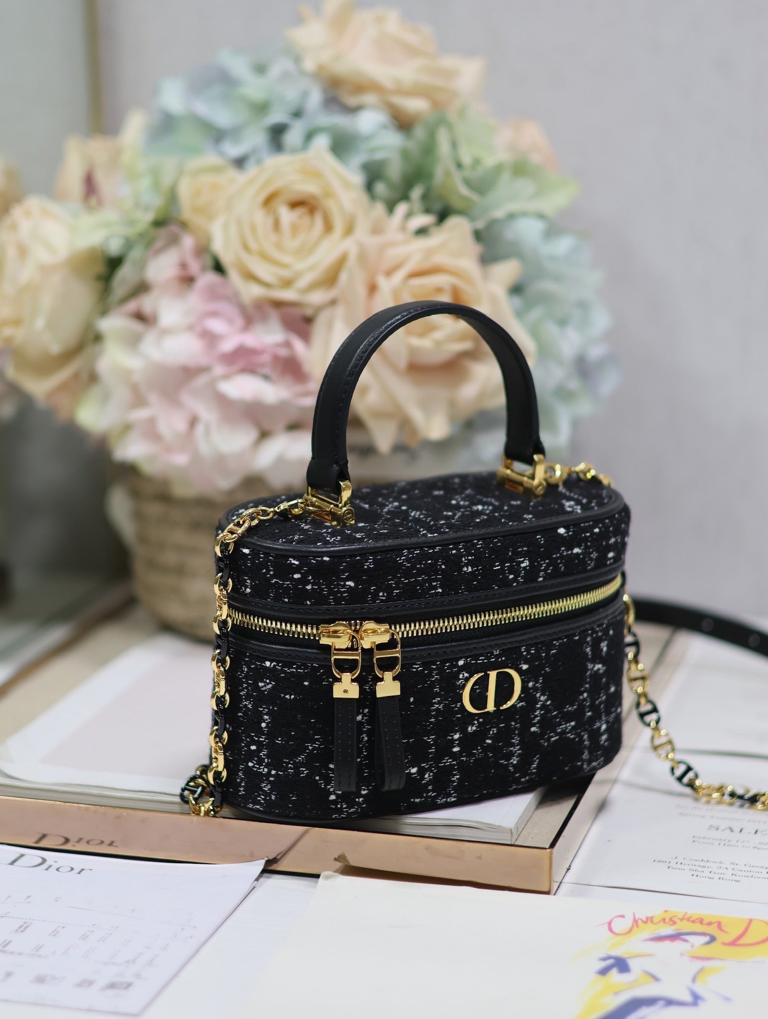 DIOR CARO 16 MINI VANITY CASE IN BLACK MACROCANNAGE TWEED