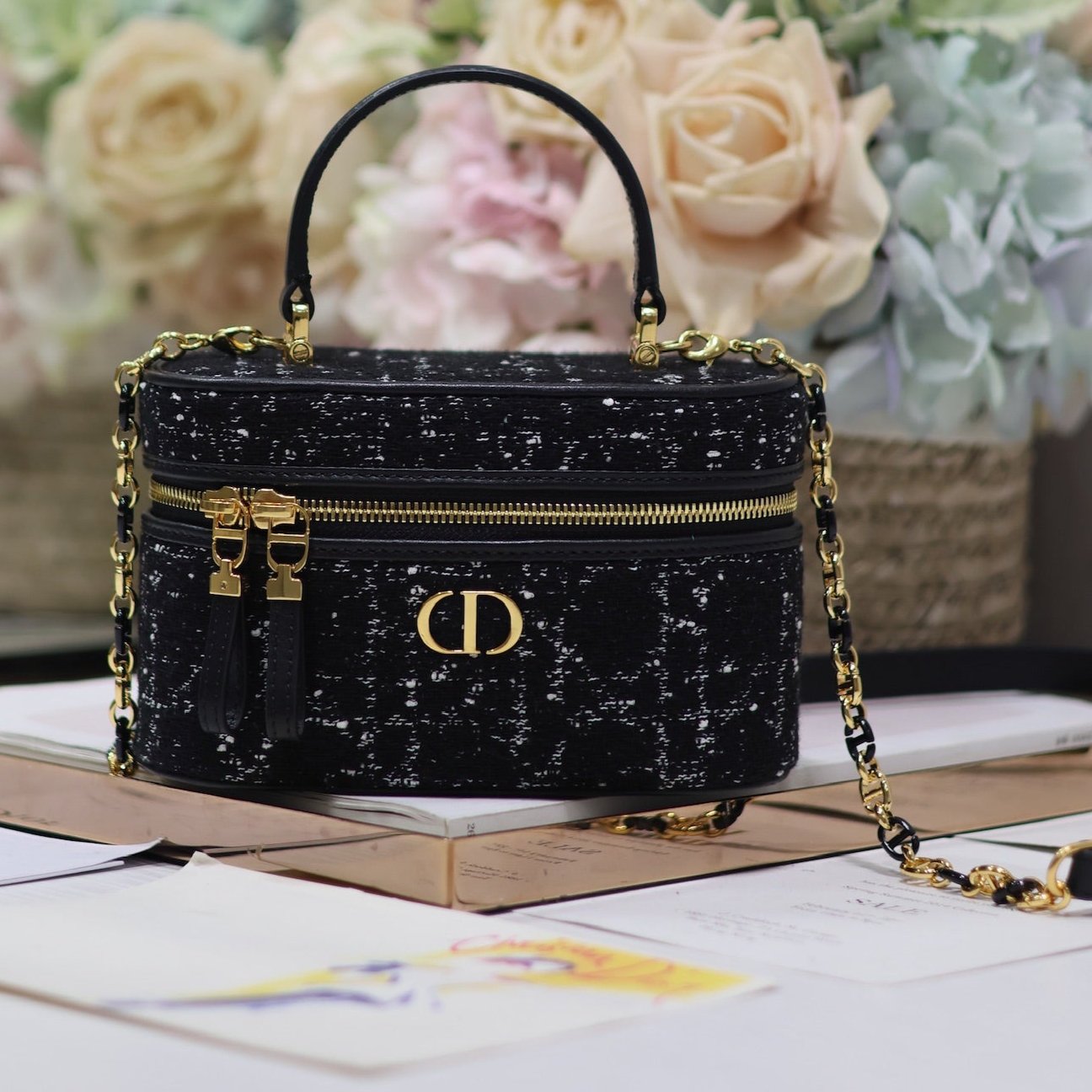 DIOR CARO 16 MINI VANITY CASE IN BLACK MACROCANNAGE TWEED