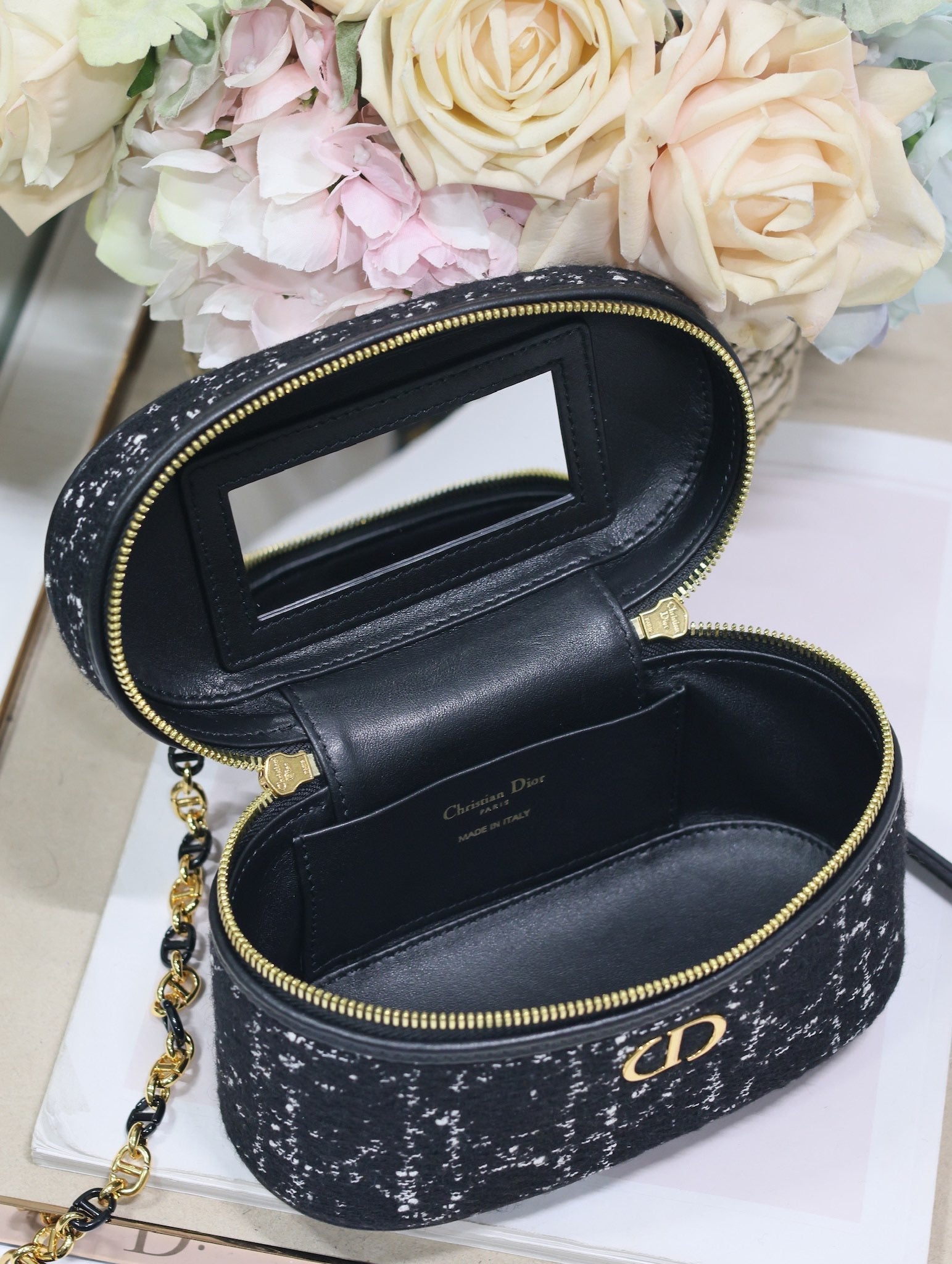 DIOR CARO 16 MINI VANITY CASE IN BLACK MACROCANNAGE TWEED