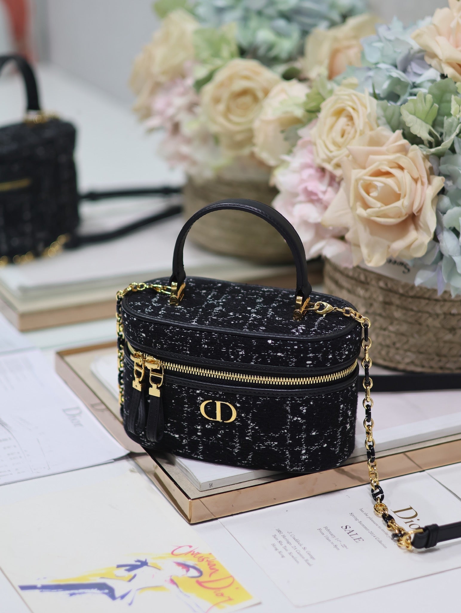 DIOR CARO 16 MINI VANITY CASE IN BLACK MACROCANNAGE TWEED