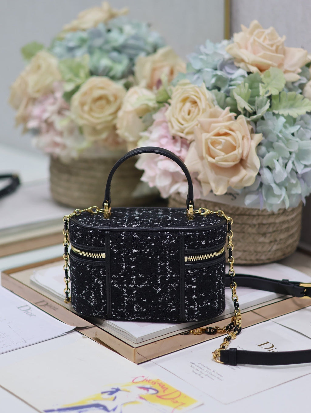 DIOR CARO 16 MINI VANITY CASE IN BLACK MACROCANNAGE TWEED