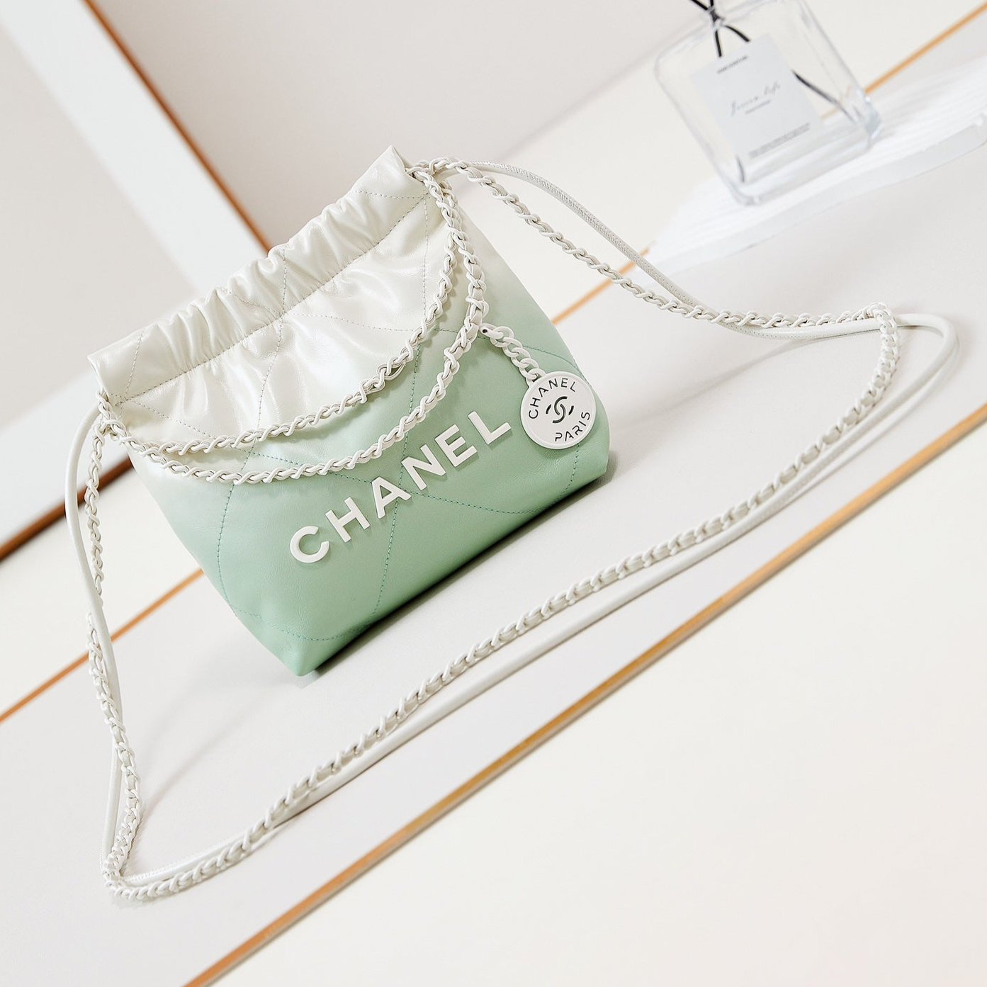 CHANEL MINI 20 HOBO BAG IN WHITE MIX LIGHT GREEN CALFSKIN