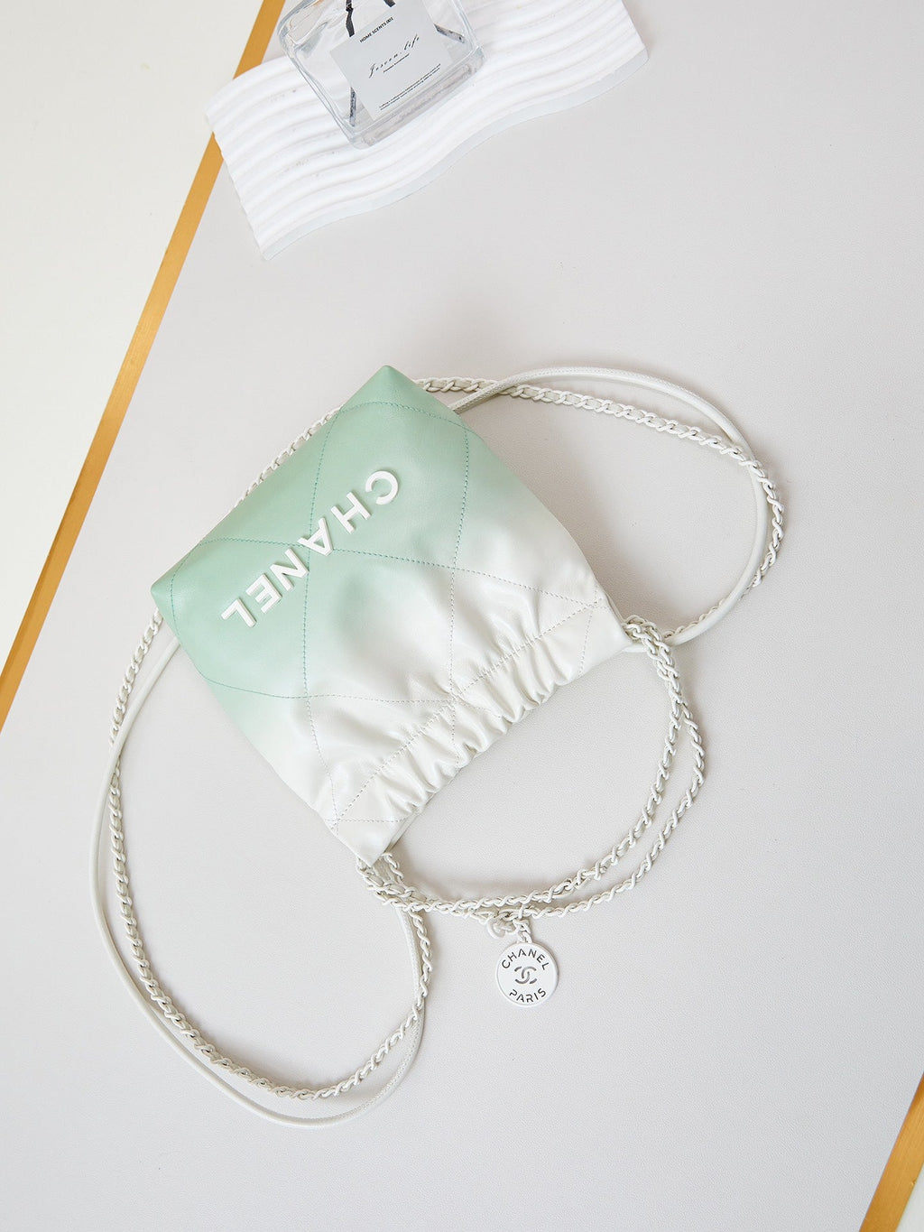 CHANEL MINI 20 HOBO BAG IN WHITE MIX LIGHT GREEN CALFSKIN